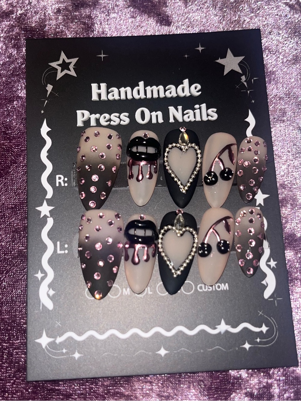 Handmade Black & Pink Press-On Nail Set with Heart Accent